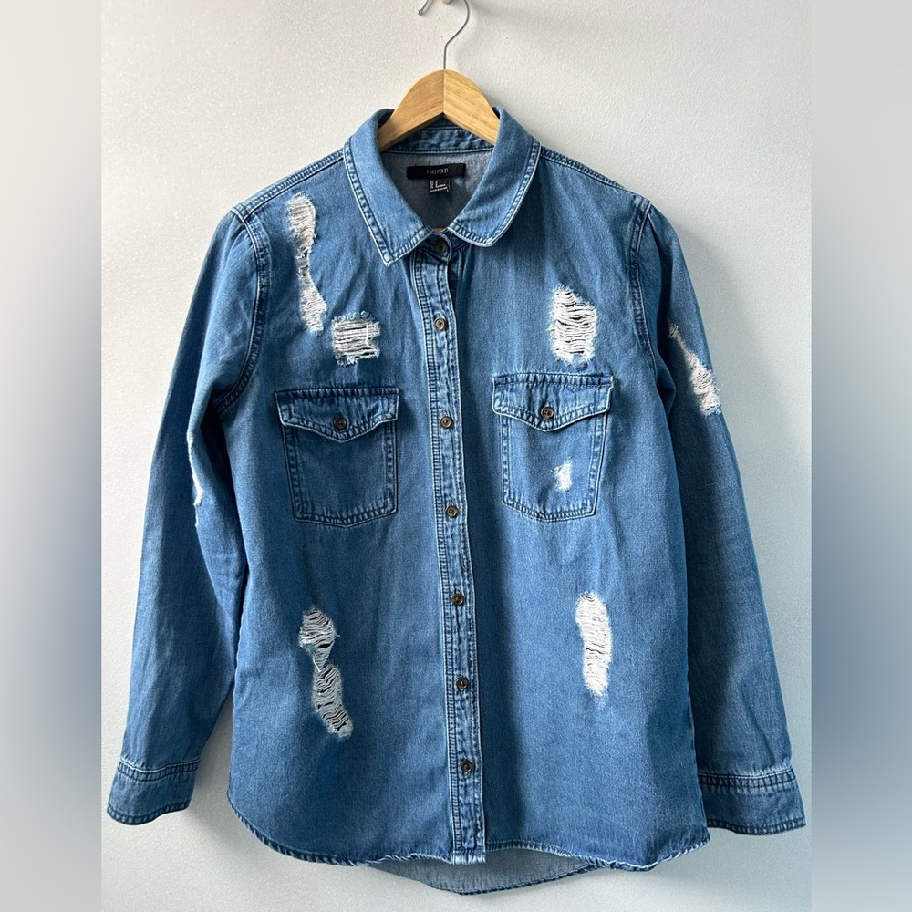 Forever 21 distressed denim shirt, button down